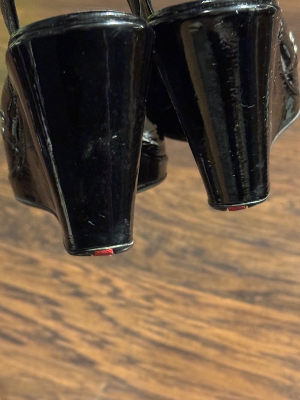 Prada Black Patent Slingback Peep-Toe Wedge Pumps - Picture 7 of 15